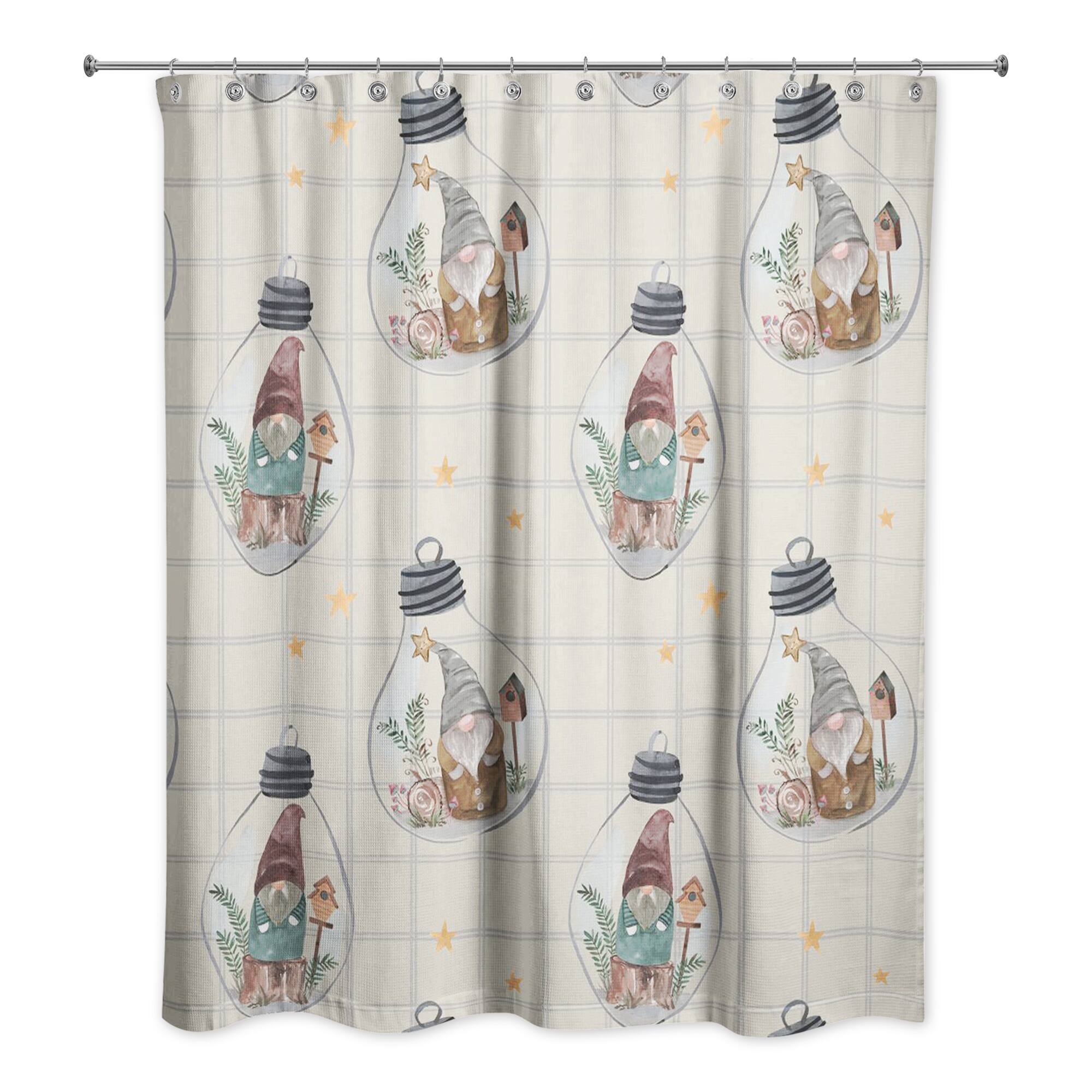 Cream and Gray Check Gnome Globe Pattern Shower Curtain